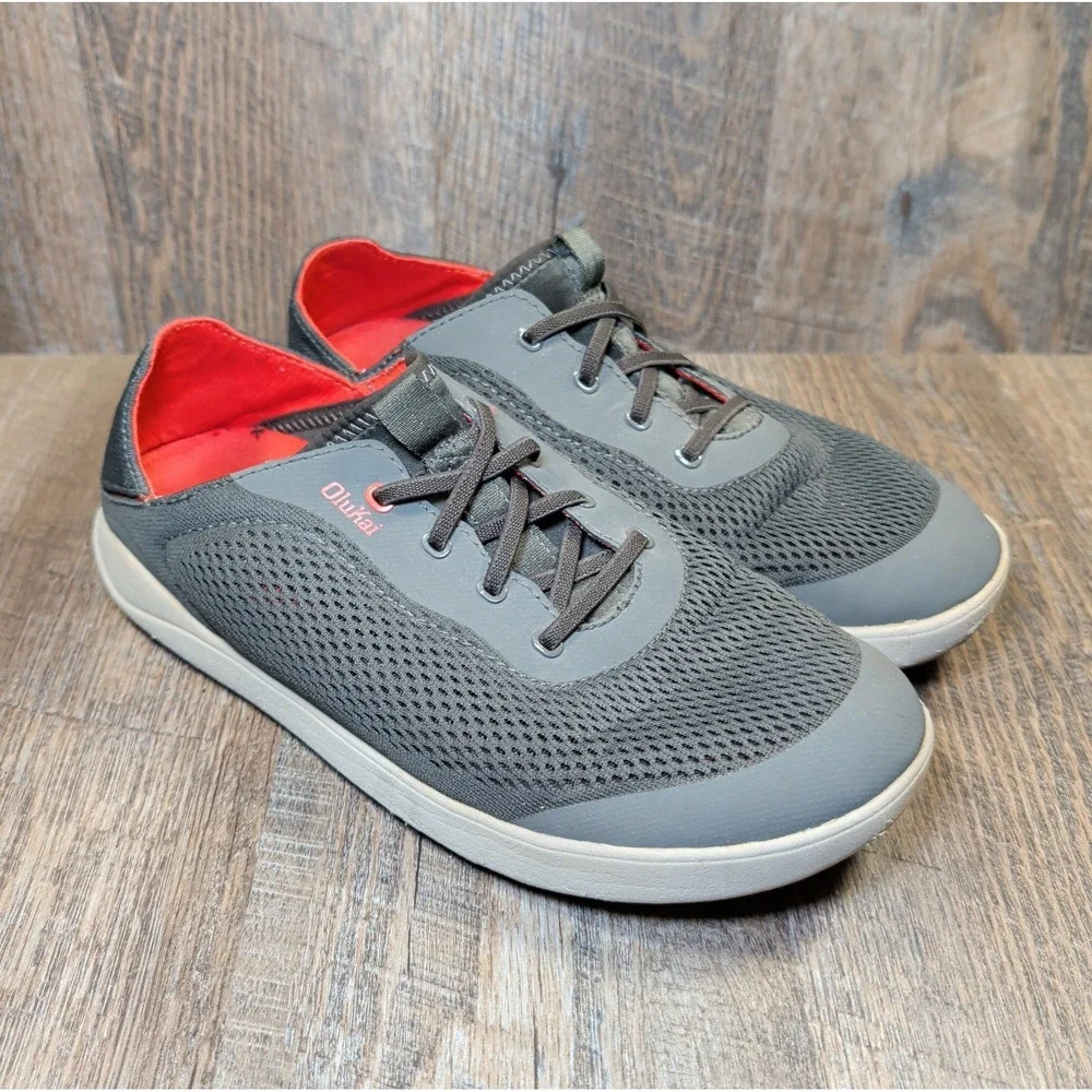 OluKai Moku Pae Island Salt Gray Orange Mens Size 9 Slip On Boat Shoes